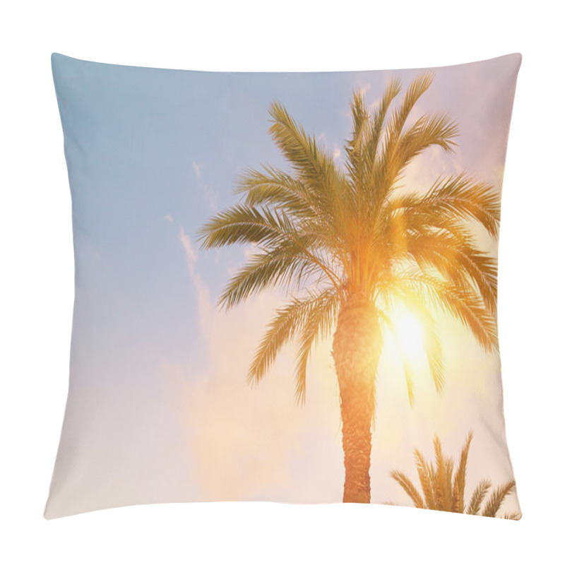 Personality  Green Palm Leaves On Blue Sky Background. Pillow Covers