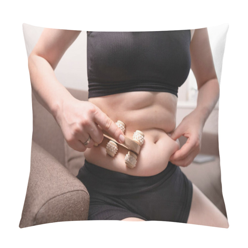 Personality  Massage For Improved Circulation, Woman With Obesity Performing Self-massage At Home Using A Wooden Massager For Wellness. Pillow Covers