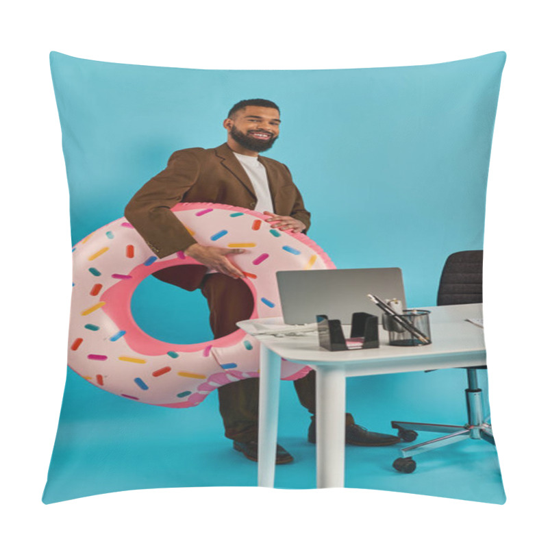 Personality  A Man Sits At A Desk, Staring At A Massive Donut In Front Of Him. The Donut Is Larger Than Life, Enticing And Surreal. Pillow Covers