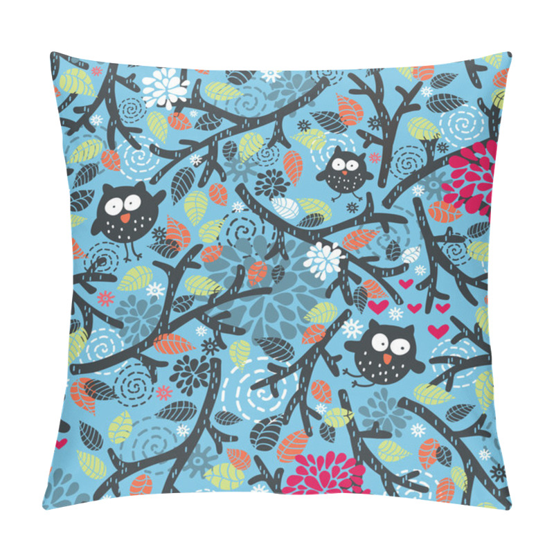 Personality  Seamless Pattern With Owls And Floral Elements On Blue. Pillow Covers