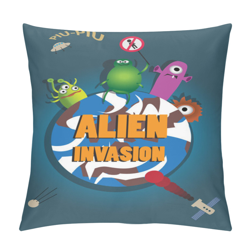 Personality  Alien Invasion. Retro Style Vector Poster. Pillow Covers