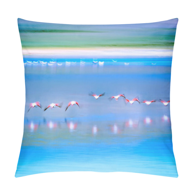 Personality  Flying Birds. Fine Art Landscape Nature Photography. Blue Nature Background. Greater Flamingo Phoenicopterus Roseus Pillow Covers