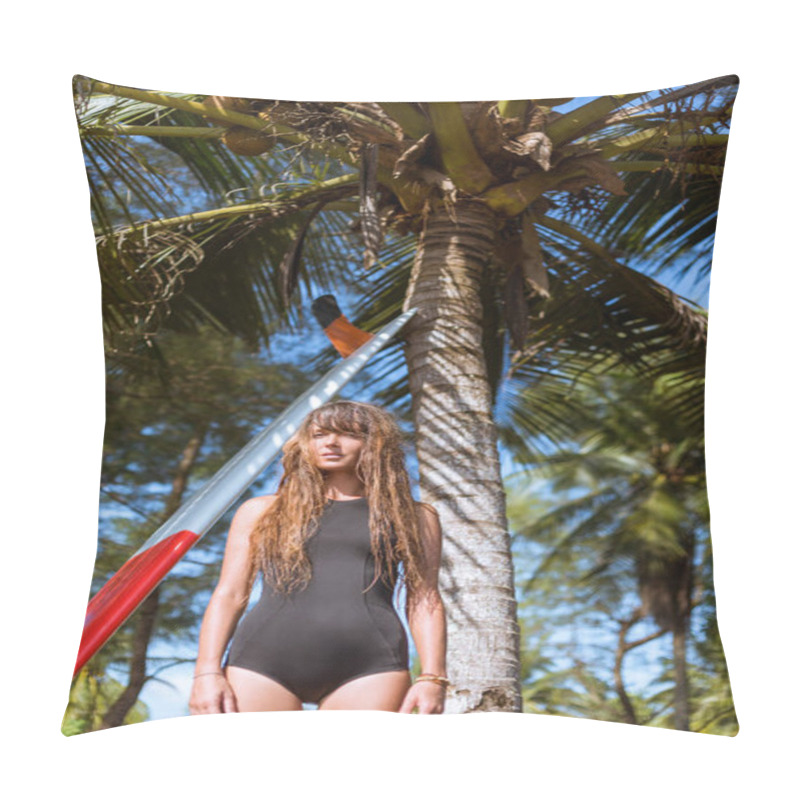 Personality  Attractive Young Woman With Long Hair Posing Near Palm Tree With Surfboard   Pillow Covers