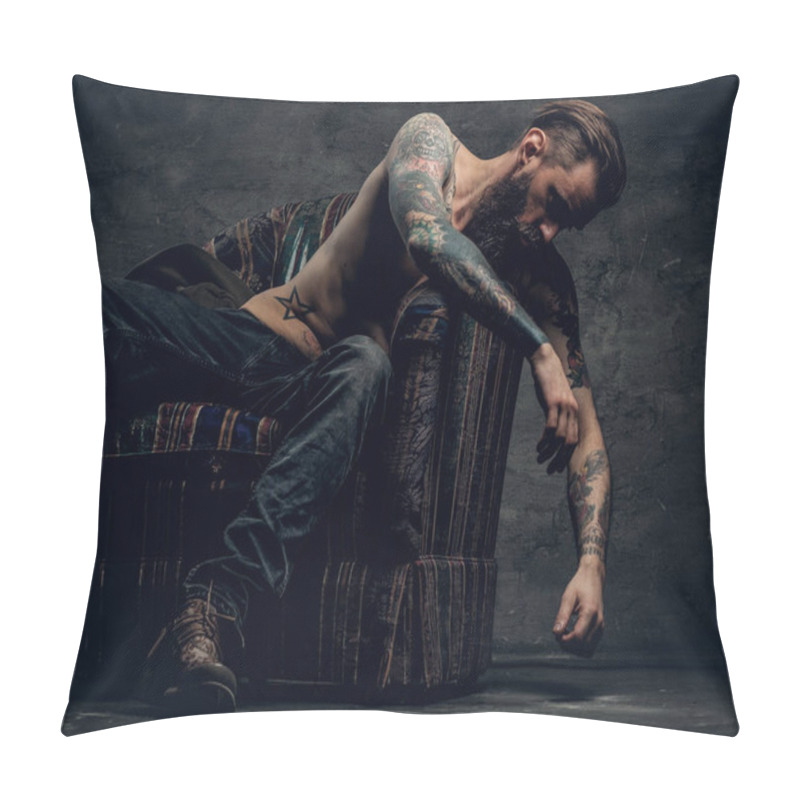 Personality  Shirtless, Tattooed Man Sitting On A Chair Pillow Covers