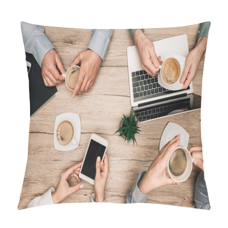 Personality  Top View Of Business Partners Drinking Coffee By Gadgets On Table, Cropped View Pillow Covers