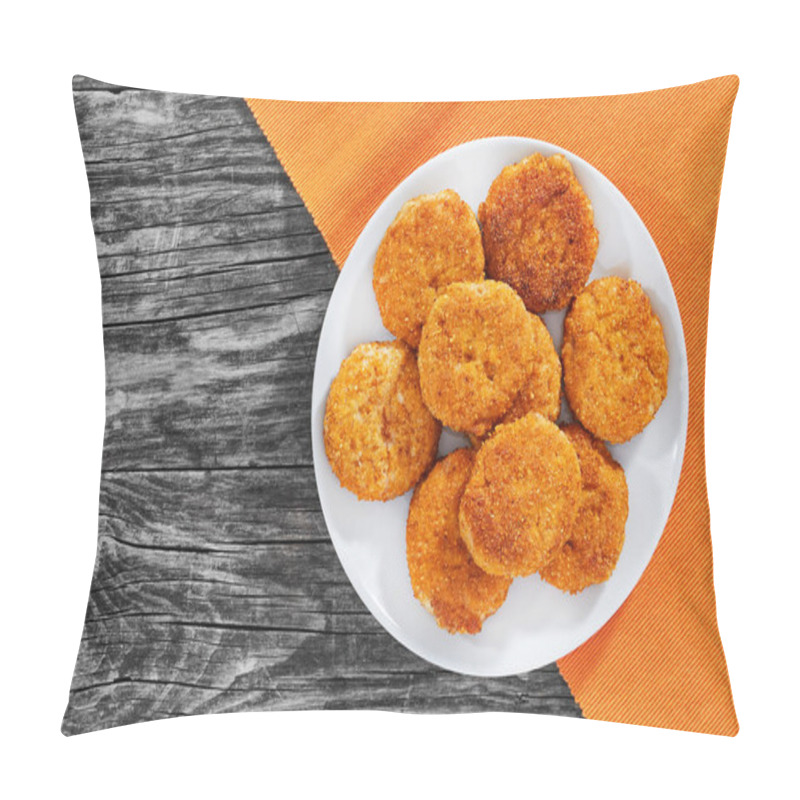 Personality  Juicy Delicious Breaded Meat Cutlets On White Dish On Old Dark Wooden Boards, View From Above Pillow Covers