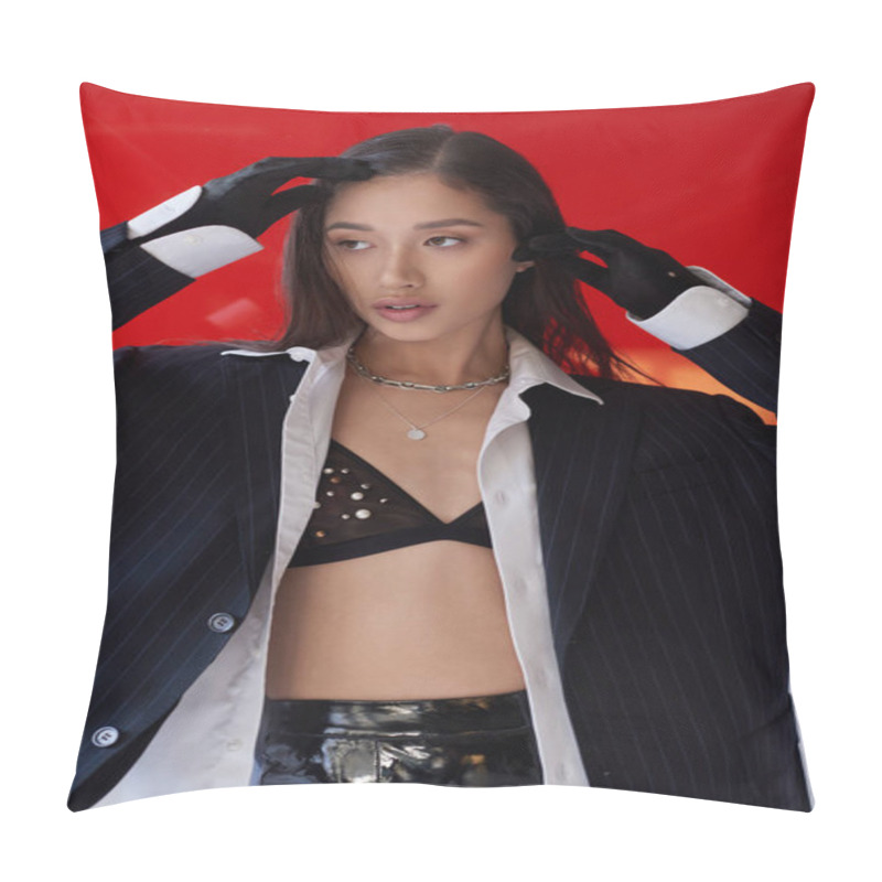 Personality  Fashion Statement, Young Asian Model In Bra, White Shirt And Blazer Posing In Gloves Near Red Round Shaped Glass, Looking Away On Grey Background, Personal Style, Youth  Pillow Covers