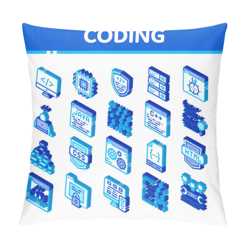 Personality  Coding System Vector Icons Set. Isometric Binary Coding System, Data Encryption Pictograms. Web Development, Programming Languages, Bug Fixing, HTML, Script Illustrations Pillow Covers