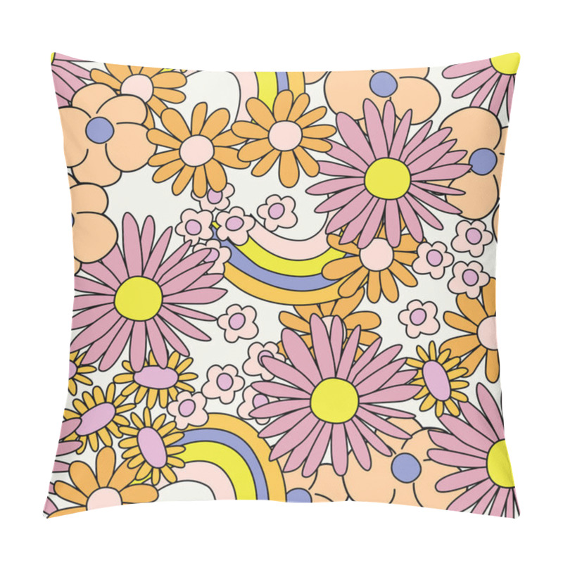 Personality  RETRO DOODLE FLORAL WITH RAINBOW SEAMLESS PATTERN VECTOR Pillow Covers