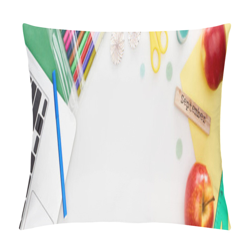 Personality  Panoramic Shot Of Laptop, Felt Pens, Apple, Lollipops, Scissors, Wooden Block With September Inscription, Multicolored Paper Isolated On White Pillow Covers