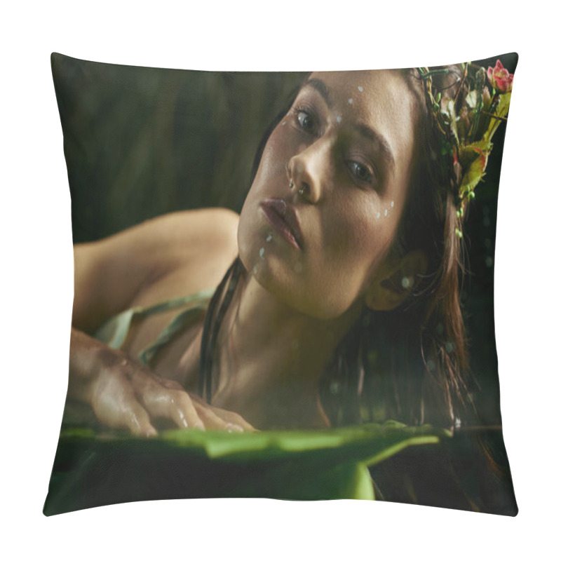 Personality  A Woman Adorned With A Floral Crown Poses Near A Swamp, Her Gaze Intense And Captivating. Pillow Covers