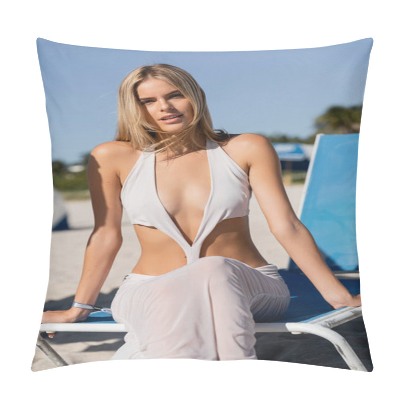 Personality  A Young, Beautiful Blonde Woman Relaxes On A Beach Chair, Soaking In The Sun And The Sound Of The Waves Crashing Nearby. Pillow Covers