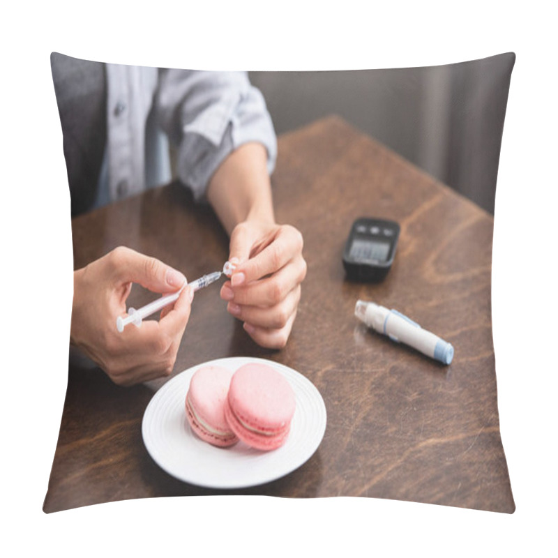 Personality  Cropped View Of Woman Holding Syringe Near Sweet Dessert And Blood Lancet  Pillow Covers