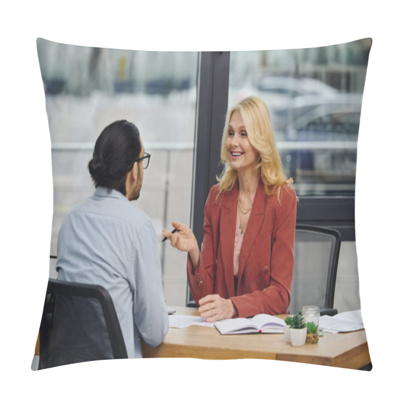 Personality  A Woman And Man Discussing Business At An Office Table. Pillow Covers