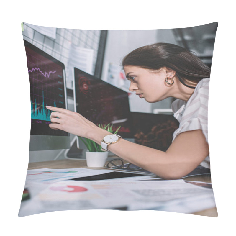 Personality  Selective Focus Of Data Analyst Looking At Charts On Computer Monitor While Testing Software In Office  Pillow Covers