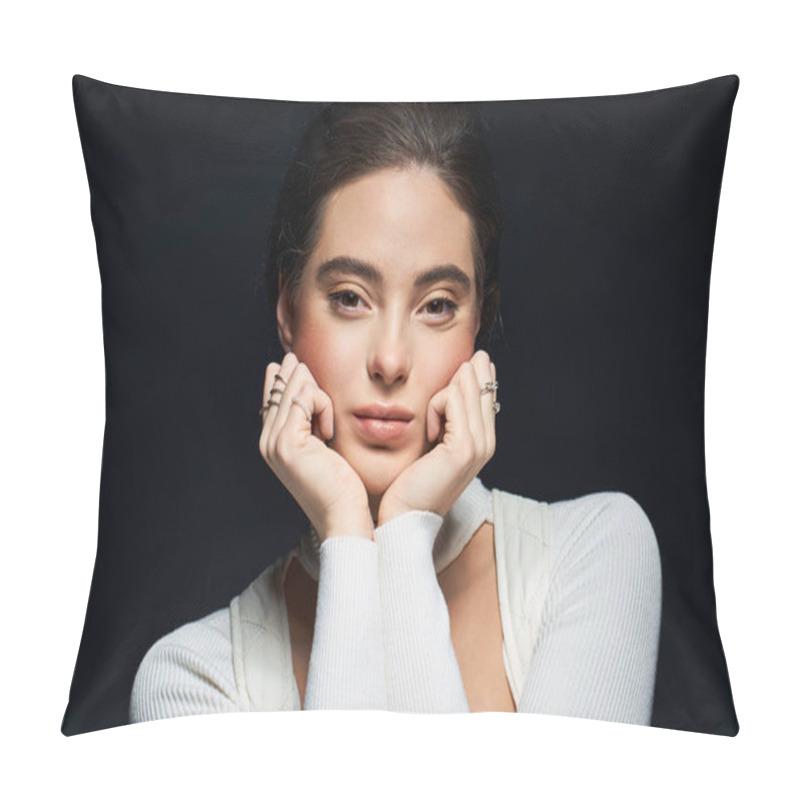 Personality  The Woman Gazes Thoughtfully, Elegantly Framing Her Face With Gentle Hands In Soft Lighting. Pillow Covers