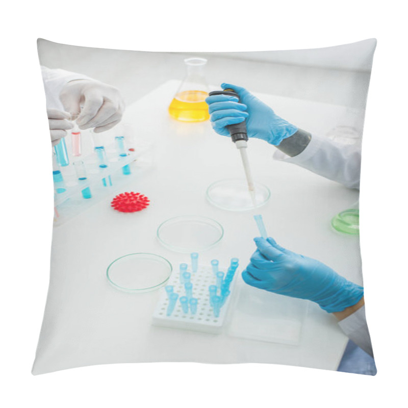 Personality  Cropped View Of Scientists Working In Lab Near Model Of Coronavirus Bacteria Pillow Covers