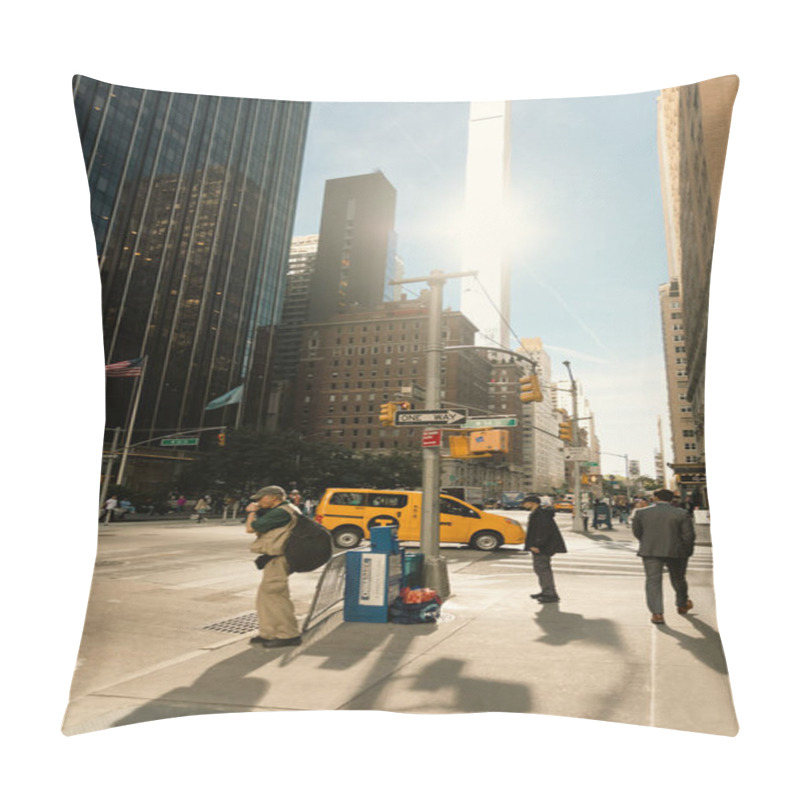 Personality  NEW YORK, USA - OCTOBER 11, 2022: People On Sidewalk Near Road On Urban Street In Manhattan  Pillow Covers