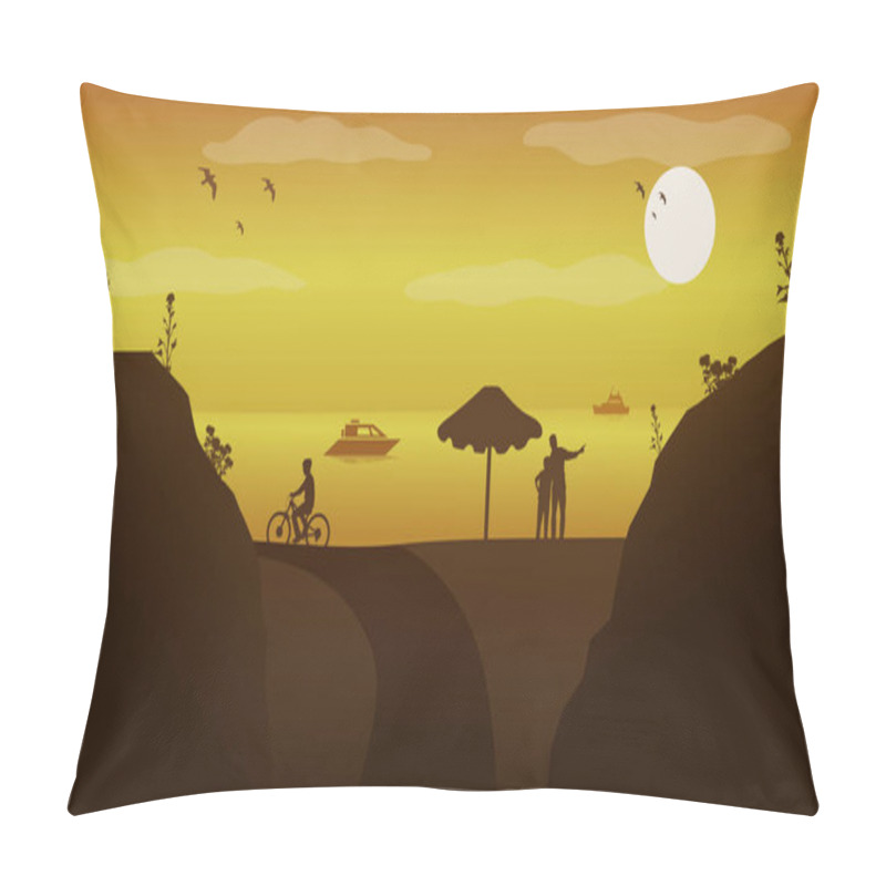 Personality  Beach Atmosphere In The Afternoon - Beautiful 2D Landscape Silhouette Wallpaper Pillow Covers