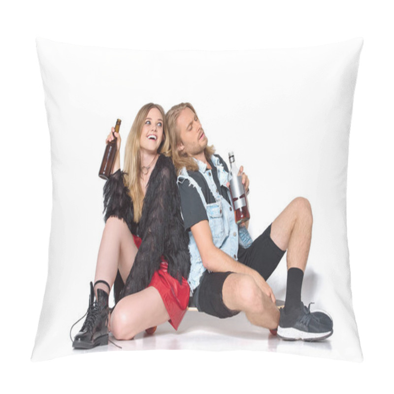 Personality  Young Drunk Couple With Rum And Beer Sitting On Floor On White Pillow Covers