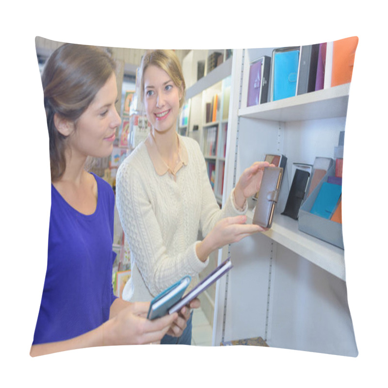 Personality  Shop Assistant Showing Leather Bound Diary To Customer Pillow Covers