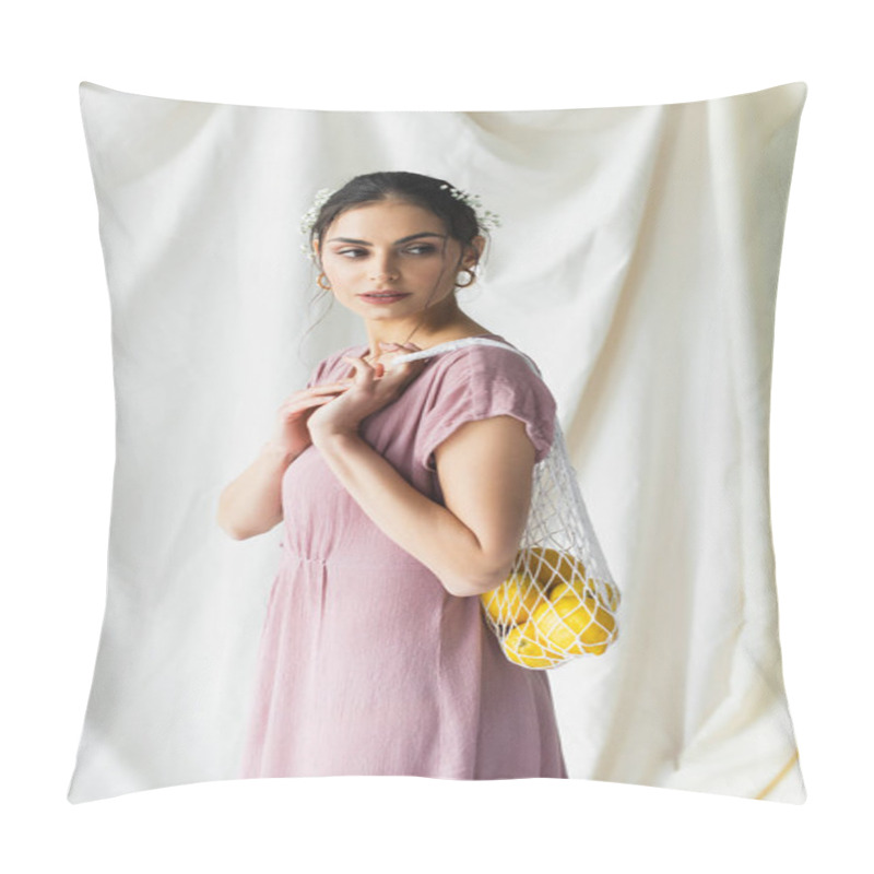 Personality  Brunette Woman Holding Reusable String Bag With Lemons On White Pillow Covers