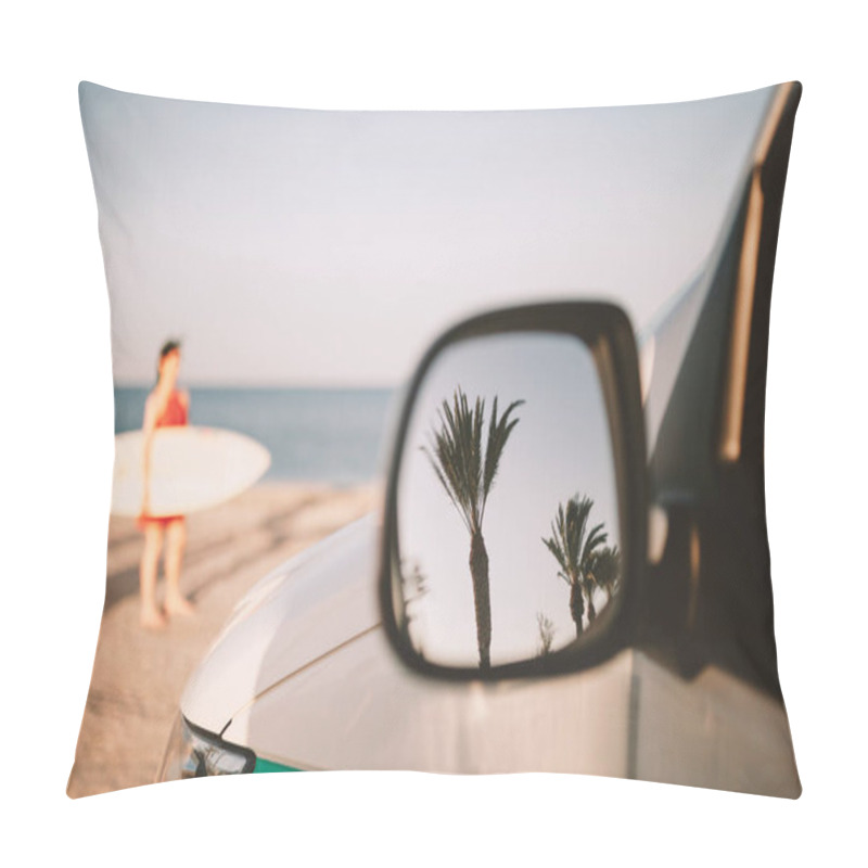 Personality  Reflection Of Palm Trees In Van Outside Mirror On The Beach Pillow Covers