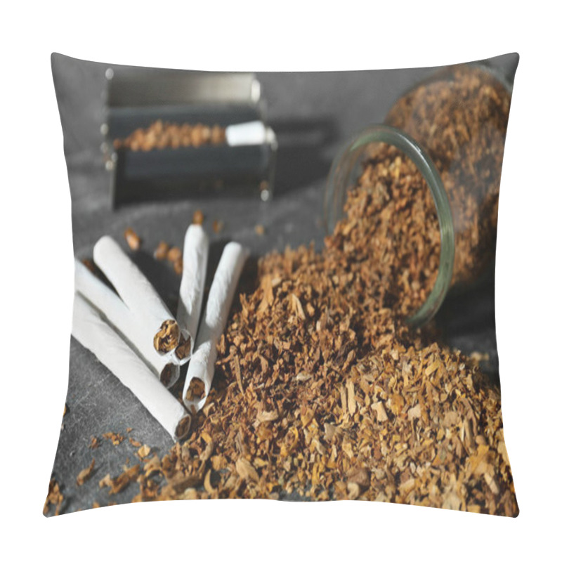 Personality  Tobacco, Hand Rolled Cigarettes And Roller On Dark Grey Table, Closeup Pillow Covers