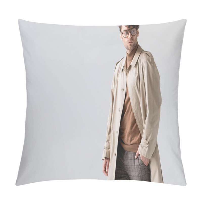 Personality  Handsome, Fashionable Man Holding Hand In Pocket And Looking Away Isolated On Grey Pillow Covers