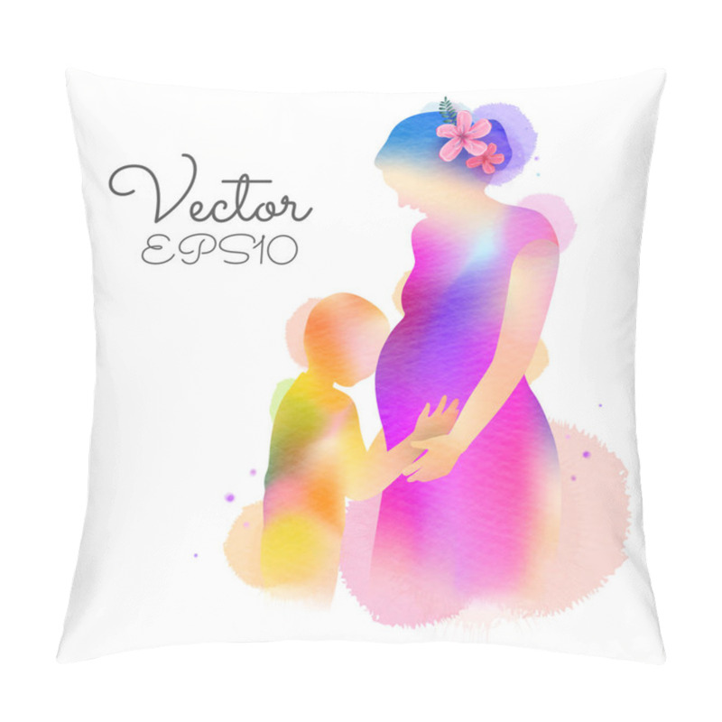 Personality  Happy Mother's Day. Side View Of Happy Pregnant Mom With Her Boy Together Silhouette Plus Abstract Watercolor Painting.Double Exposure Illustration. Digital Art Painting. Vector Illustration. Pillow Covers