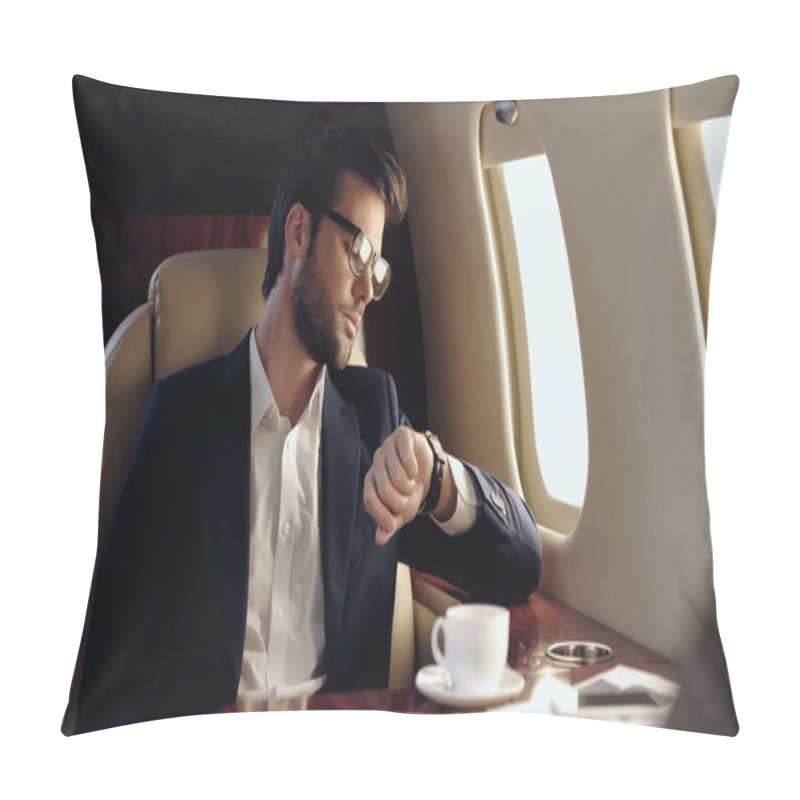 Personality  Businessman Looking At Wristwatch Near Coffee And Cellphone In Private Plane  Pillow Covers