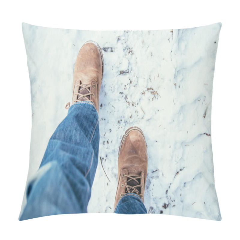 Personality  Man In Blue Jeans Is Hiking In The Wintertime, Legs And Shoes Pillow Covers