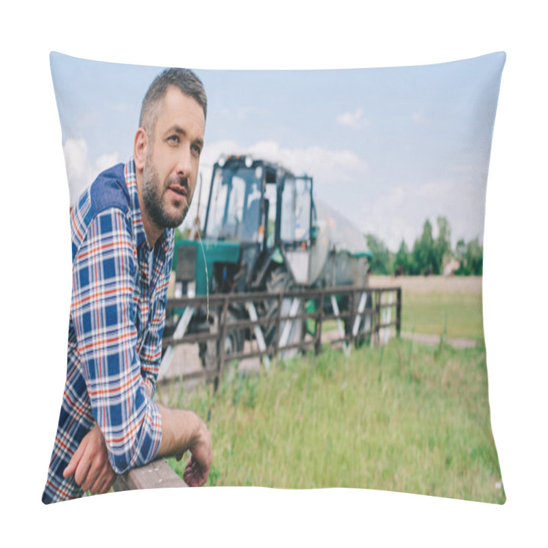 Personality  Handsome Middle Aged Farmer Leaning At Fence And Looking Away At Farm  Pillow Covers