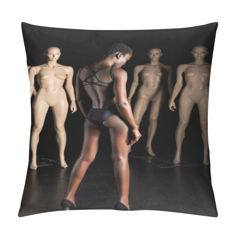 Personality  Back View Of Stylish African American Woman In Bodysuit Standing In Front Of Mannequins On Black  Pillow Covers