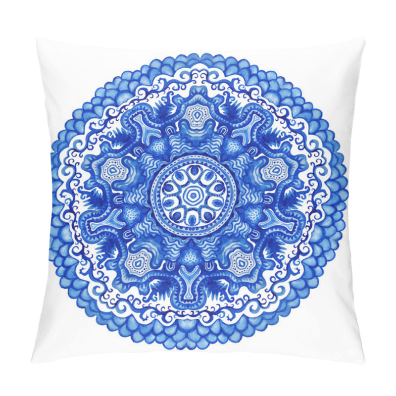 Personality  Watercolor Vector Gzhel. Doily Round Lace Pattern, Circle Background With Many Details, Looks Like Crocheting Handmade Lace, Lacy Arabesque Designs.Orient Traditional Ornament. Oriental Motif Pillow Covers