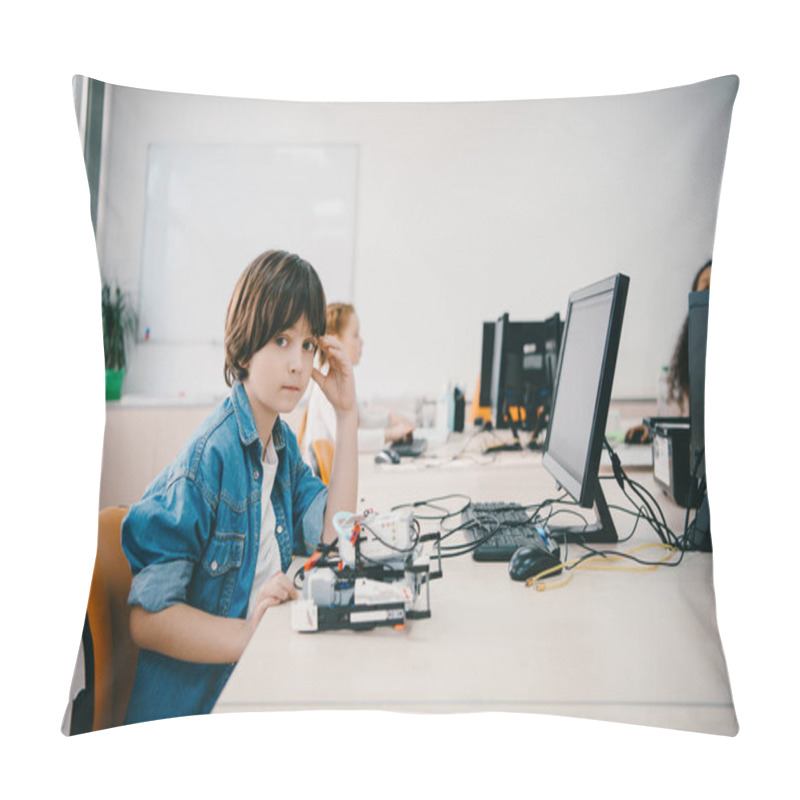 Personality  Teen Kid Looking At Camera While Programming Diy Robot At Machinery Class Pillow Covers