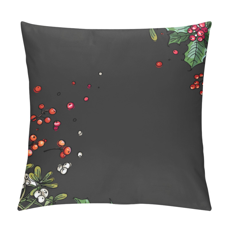 Personality  Christmas Decor, Plants Line Drawn On A Black Background. Sketch Of Berries And Leaves. Winter Berries, Mistletoe, Holly Pillow Covers