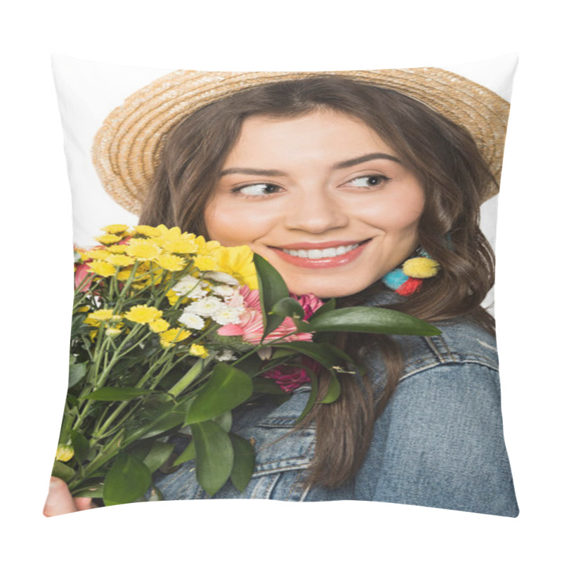 Personality  Happy Boho Girl In Straw Hat Holding Flowers Isolated On White Pillow Covers