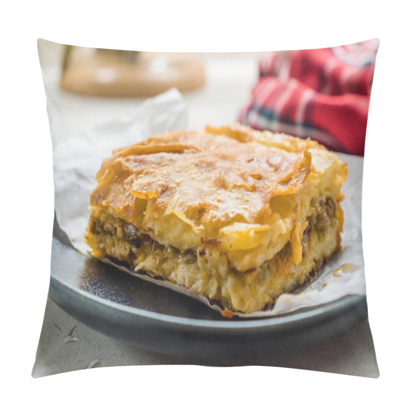 Personality  Turkish Borek With Minced Meat And Leek On Wooden Board With Paper. Traditional Food. Pillow Covers