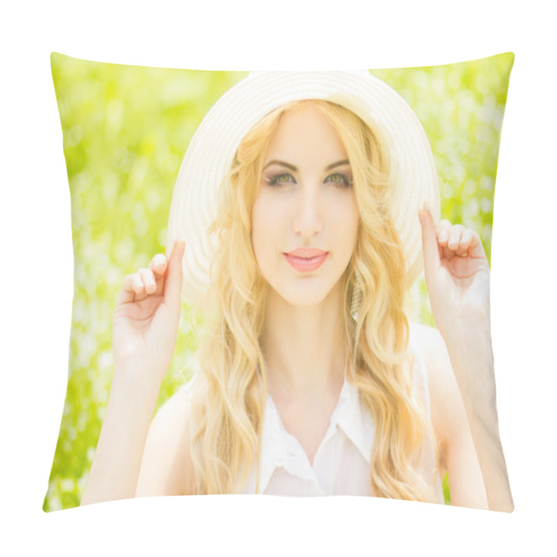 Personality  Portrait Of A Beautiful Young Blonde Woman With Wavy Hair In Nature. Girl In White Hat Sitting On The Grass In The Park Pillow Covers