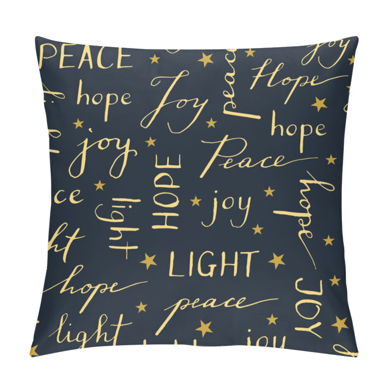 Personality  Hand Written Christmas Typography Vector Seamless Pattern Winter Holiday Calligraphy Words Peace Joy Hope Light Pillow Covers