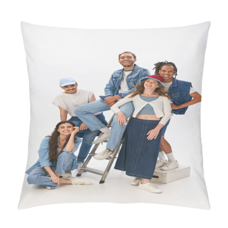 Personality  Joyful Multicultural Friends In Trendy Clothes Posing With Ladder And Looking At Camera On Grey Pillow Covers