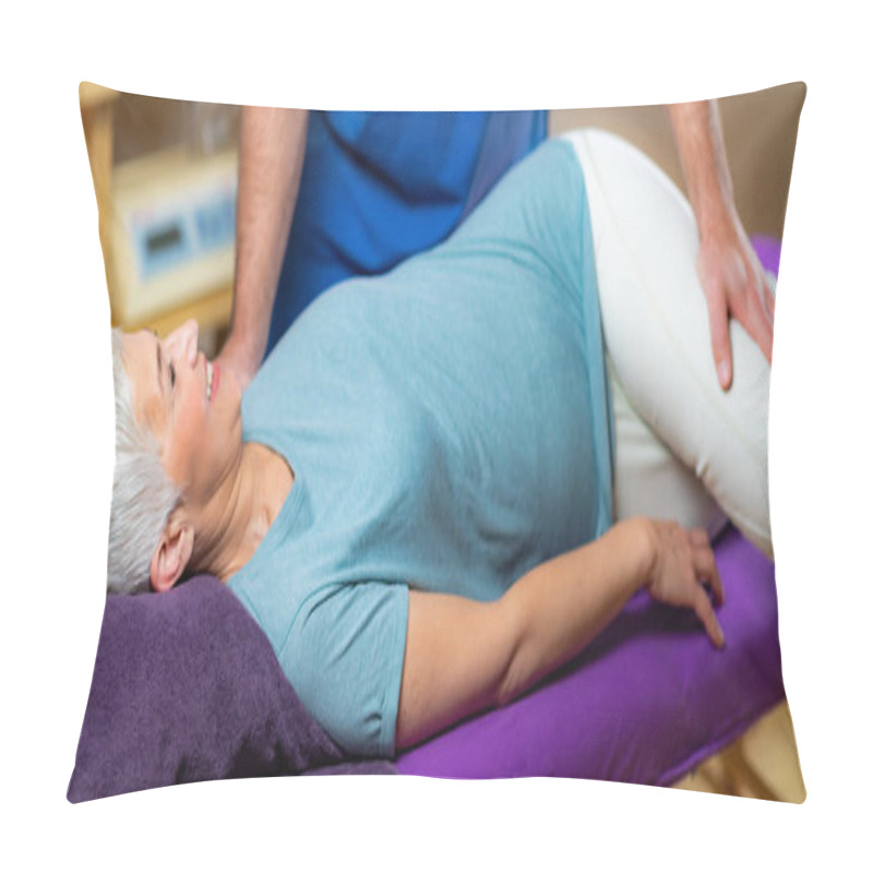 Personality  Physiotherapist Working With Senior Patient In Clinic Pillow Covers