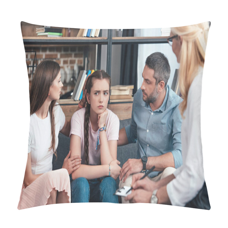 Personality  Parents Cheering Up Daughter On Therapy Session By Female Counselor In Office  Pillow Covers