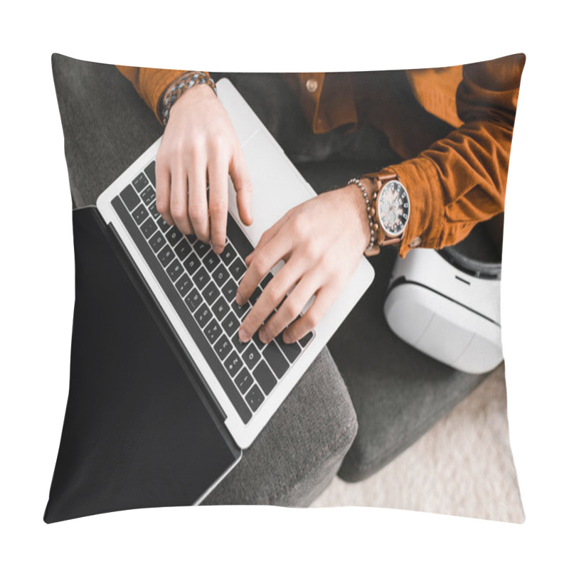 Personality  High Angle View Of 3d Artist Using Laptop With Blank Screen Near Virtual Reality Headset On Couch  Pillow Covers