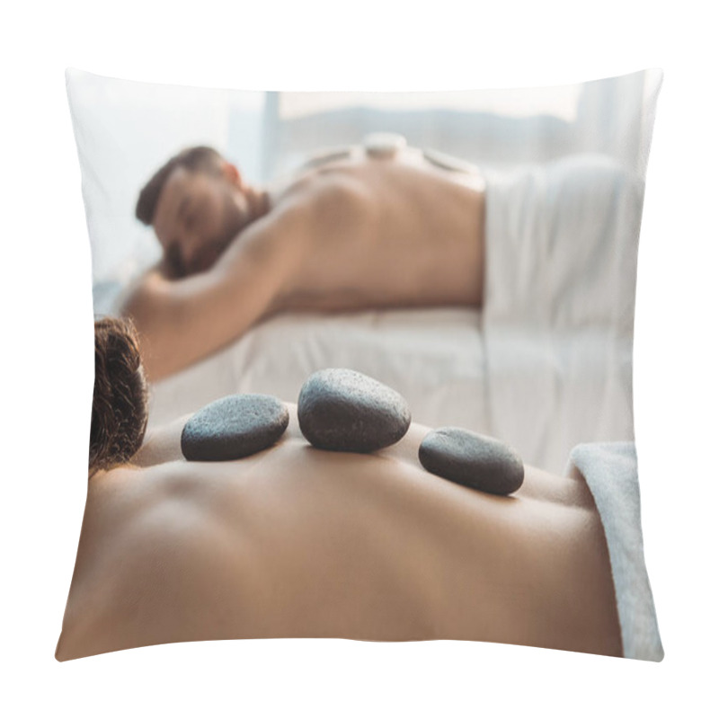 Personality  Selective Focus Of Woman Having Stone Massage Near Man In Spa Center  Pillow Covers