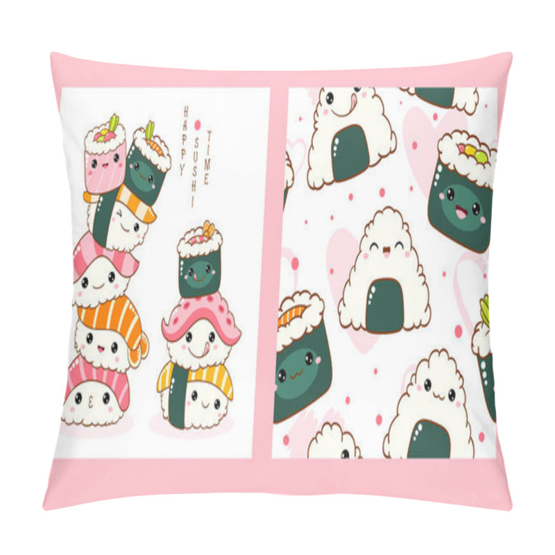 Personality  Set Of Seamless Pattern And One Print With Cute Sushi And Roll In Kawaii Style. Endless Texture Can Be Used For Textile Pattern Fills, T-shirt Design, Web Page Background. Vector Illustration EPS8 Pillow Covers