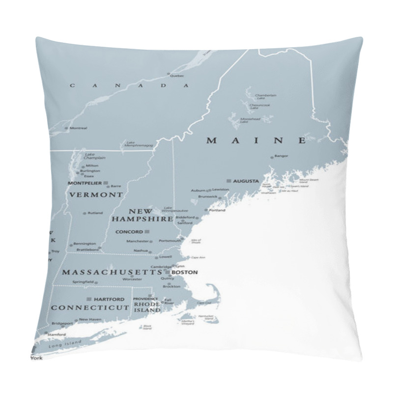 Personality  New England Region Of The United States Of America, Gray Political Map. Maine, Vermont, New Hampshire, Massachusetts, Rhode Island And Connecticut With Capitals And Borders. Illustration. Vector. Pillow Covers