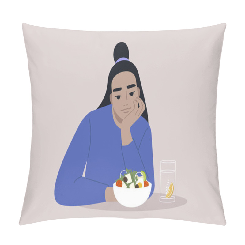 Personality  A Young Asian Character Eating A Vegan Salad, Lunch Break Concept Pillow Covers