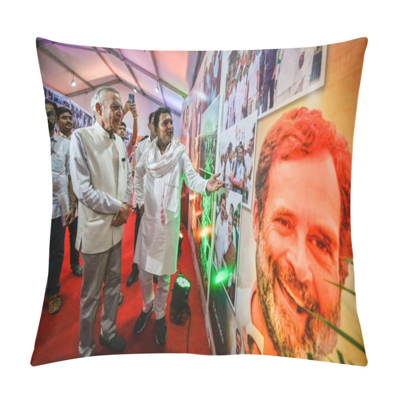 Personality  NEW DELHI INDIA JUNE 19 2023 AICC Treasurer Pawan Bansal Along With IYC President Srinivas BV During A Photo Exhibition On Bharat Jodo Yatra Organized At IYC Headquarters On Rahul Gandhi S 53rd Birthday On June 19 2023 In New Delhi India To Mark The  Pillow Covers